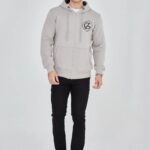 Erkek 3 İplik Pamuklu Fermuarlı Kapüşonlu Kanguru Cepli Baskılı Hoodie Hırka Sweatshirt - Boyalı Gri