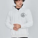 3 İplik Pamuklu Fermuarlı Kapüşonlu Kanguru Cepli Baskılı Hoodie Hırka Sweatshirt - Beyaz