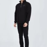 Erkek Yarım Fermuarlı Baskılı 3  iplik pamuklu sweatshirt - Siyah