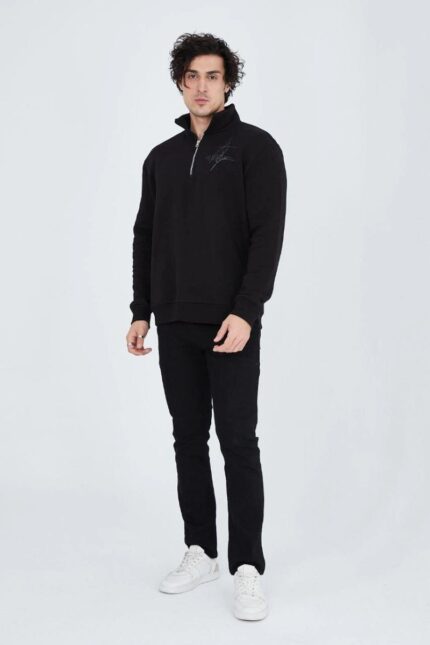 Erkek Yarım Fermuarlı Baskılı 3  iplik pamuklu sweatshirt - Siyah