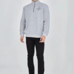 Erkek Yarım Fermuarlı Baskılı 3 iplik pamuklu sweatshirt - Gri