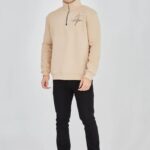 Yarım Fermuarlı Baskılı 3 iplik pamuklu sweatshirt - Bej