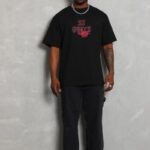 Erkek Baskılı Tişört Kısa Kol Bisiklet Yaka Oversize T-Shirt - Siyah