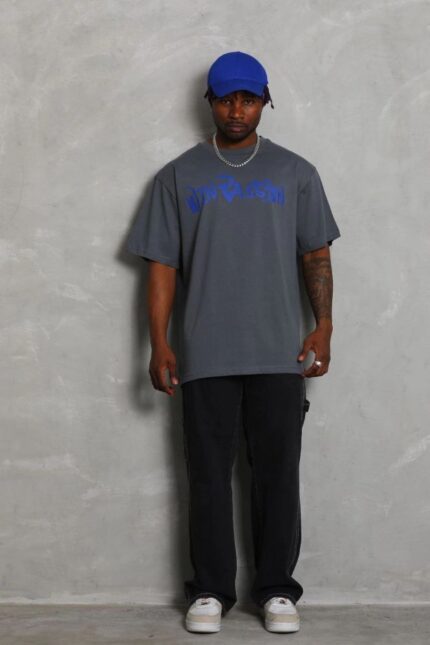 Erkek Baskılı Tişort Kısa Kol Bisiklet Yaka Oversize T-Shirt - Füme