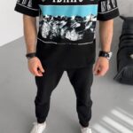 Baskılı Yarım Fermuarlı T-Shirt - Siyah
