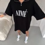 Kadın Yarım Fermuarlı Tişört Baskılı T-Shirt - Siyah