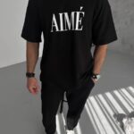 T-Shirt Yakalı Yarım Fermuarlı Baskılı T-Shirt - Siyah