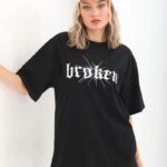 Kadın Kısa Kol Yazlık Tişört Bisiklet Yaka Baskılı Oversize T-Shirt - Siyah