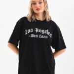 Kadın Baskılı Tişört Kısa Kol Bisiklet Yaka Oversize T-Shirt - Siyah