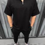 Erkek Yarım Fermuarlı Kısa kol T-Shirt - Siyah