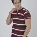 Erkek Polo Yaka tişört Slim Fit Dokuma Çizgili Kısa kol T-Shirt - Bordo