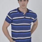 Polo Yaka T-Shirt Dokuma Çizgili T-Shirt - Mavi