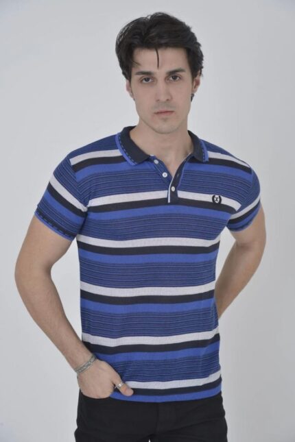 Polo Yaka T-Shirt Dokuma Çizgili T-Shirt - Mavi
