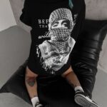 Kadın Kısa Kol Tişört Bisiklet Yaka Filistin Poşülü Baskılı T-Shirt - Siyah