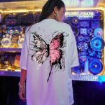 Kadın Tişört Kelebek Baskılı Oversize Kısa Kol T-Shirt - Beyaz