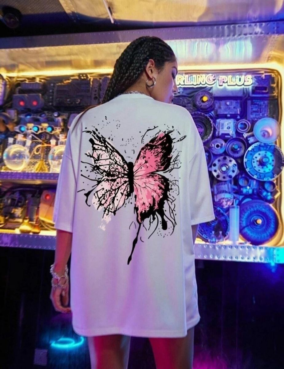 vlmrtr-4720_unisex-baskili-oversize-t-shirt-beyaz-37328979-sw986sh1280-1l94c670.jpg Kadın Tişört Kelebek Baskılı Oversize Kısa Kol T-Shirt - Beyaz - Görsel 1