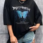 kelebek Baskılı Oversize T-Shirt - Siyah