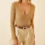 Fitilli Likralı Body Crop - Camel