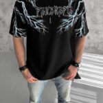Erkek Bisiklet Yaka Tişört Yıldırım Şimşek Baskılı Kısa Kol T-Shirt -Siyah