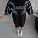 Kadın Bisiklet Yaka Baskılı  Kısa kol Oversize T-Shirt - Siyah