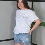 Kadın Bisiklet Yaka Baskılı Kısa kol Oversize T-Shirt- Beyaz