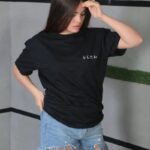 Kadın Bisiklet Yaka Baskılı Kısa kol Oversize T-Shirt - Siyah
