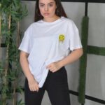 Kadın Bisiklet Yaka Baskılı Kısa kol Oversize T-Shirt - Beyaz