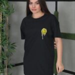 Kadın Bisiklet Yaka Baskılı  Kısa kol Oversize T-Shirt - Siyah