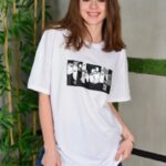 Kadın Bisiklet Yaka Baskılı  Kısa kol Oversize T-Shirt - Beyaz