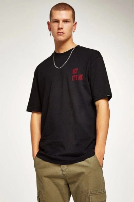 Baskılı T-Shirt Bisiklet Yaka T-Shirt - Siyah