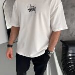 Erkek Tişört Bisiklet Yaka Baskılı Oversize Kısa kol T-Shirt - Beyaz