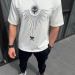 Erkek Kısa Kol Tişört Bisiklet Yaka GÜL Baskılı Oversize T-Shirt - Beyaz