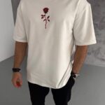 Erkek Kısa Kol Tişört Bisiklet Yaka GÜL Baskılı Oversize T-Shirt - Beyaz