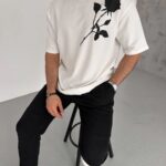 Erkek Kısa Kol Tişört Bisiklet Yaka GÜL Baskılı Oversize T-Shirt - Beyaz