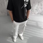 Erkek Kısa Kol Tişört Bisiklet Yaka GÜL Baskılı Oversize T-Shirt - Siyah