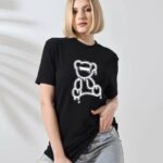 Kadın Bisiklet Yaka Baskılı  Kısa kol T-Shirt - Siyah