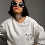 kadın Bisiklet Yaka Baskılı Oversize Kısa kol  T-Shirt - Beyaz