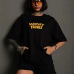 kadın Bisiklet Yaka Baskılı Oversize  Kısa kol T-Shirt - Siyah