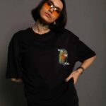 kadın Bisiklet Yaka Baskılı Oversize Kısa kol T-Shirt - Siyah