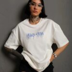 Bisiklet Yaka Baskılı Oversize T-Shirt - Beyaz