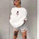 kadın Bisiklet Yaka Baskılı Oversize Kısa kol  T-Shirt - Beyaz