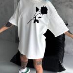 kadın Bisiklet Yaka Baskılı Oversize  Kısa kol T-Shirt - Beyaz