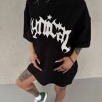 kadın Bisiklet Yaka Baskılı Oversize Kısa kol  T-Shirt - Siyah