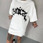 kadın Bisiklet Yaka Baskılı Oversize  Kısa kol T-Shirt - Beyaz