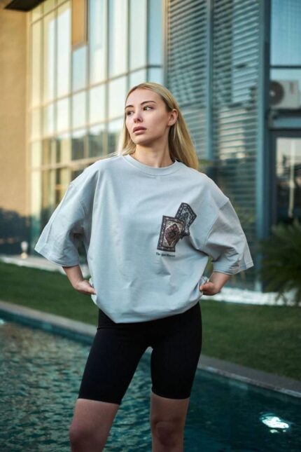 Bisiklet Yaka Baskılı Oversize T-Shirt - Boyalı Gri