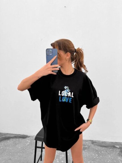 Tişort Bisiklet Yaka Baskılı Oversize T-Shirt - Siyah
