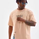 Bisiklet Yaka Baskılı Oversize T-Shirt - Bej