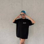 Bisiklet Yaka Baskılı Oversize T-Shirt - Siyah