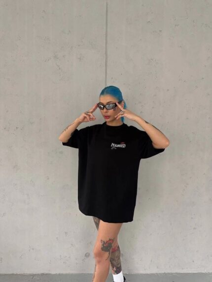 Bisiklet Yaka Baskılı Oversize T-Shirt - Siyah