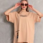 kadın Bisiklet Yaka Baskılı Oversize Kısa kol T-Shirt - Bej